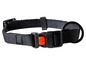 Een zwarte hondenriem met een oranje gesp en een metalen ring.