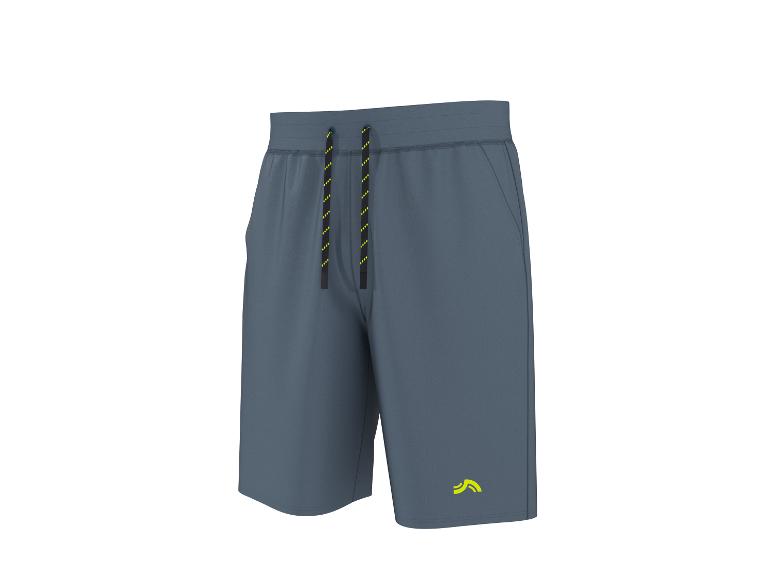 Grijze sportshorts met gele accenten en trekkoord.