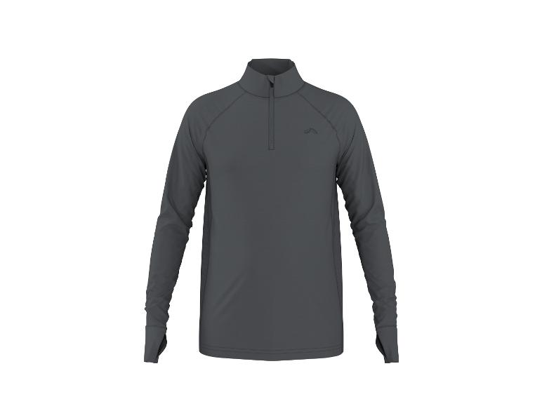 Donkergrijs sportshirt met lange mouwen en ritskraag.