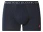 Marineblauwe katoenen boxershorts met elastische tailleband met tekst en rood logo.