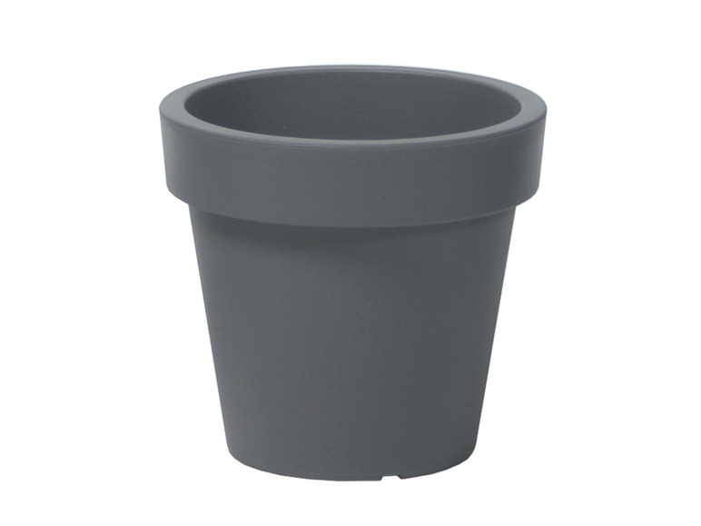 Een donkergrijze plastic plantenpot.