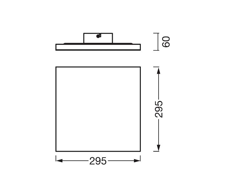 Technische tekening van een vierkante armatuur met afmetingen 295x295x60 mm.