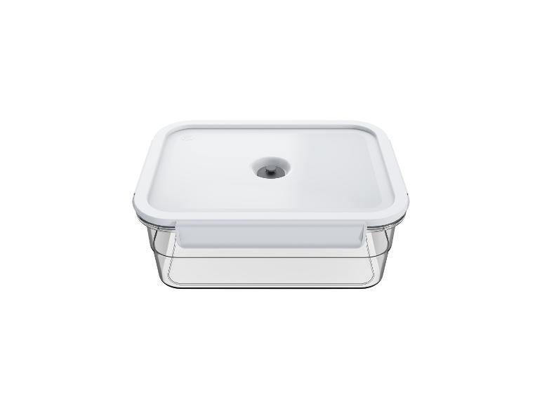 Transparante vacuümcontainer met wit deksel voor voedselopslag.