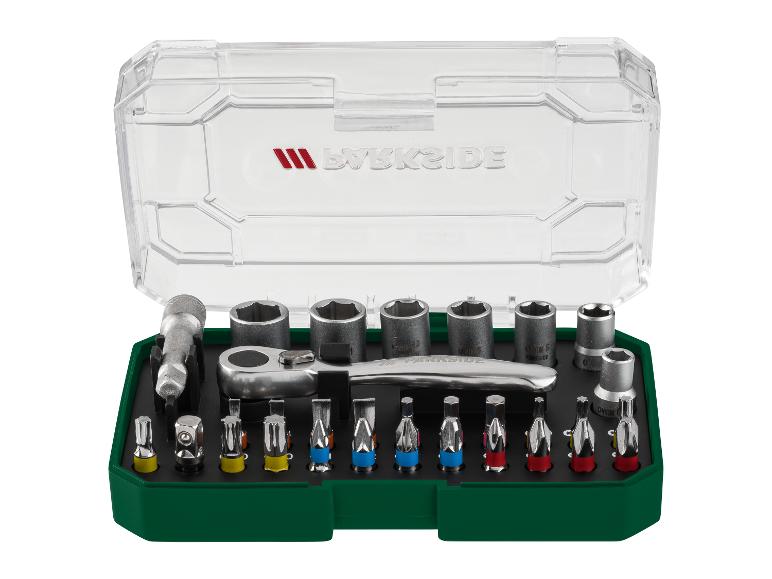 Parkside ratelset met dopjes en bits in opbergkoffer.