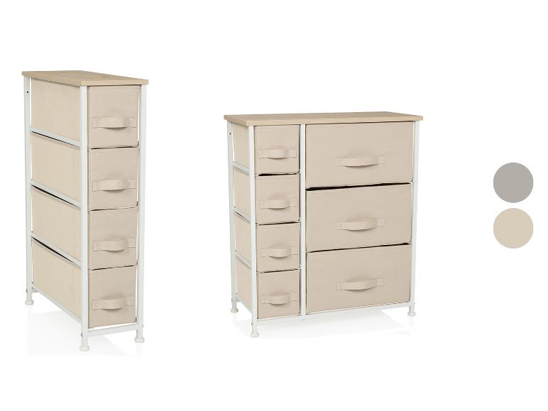 Twee beige stoffen ladekasten met metalen frame en houten blad.