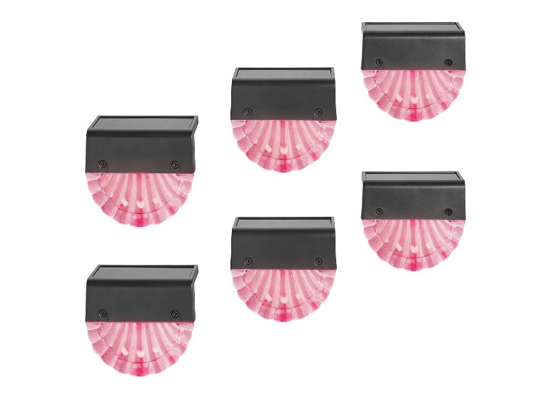 Zes op zonne-energie werkende LED-buitenlampen met roze schelpvormige diffusers.