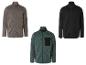 Drie heren fleecejacks met rits in verschillende kleuren: grijs, zwart en groen.
