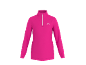 Roze sporttop met lange mouwen, een korte rits en een klein logo op de borst.