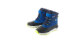 Paar blauwe en zwarte kinderwinterlaarzen met neongele accenten.