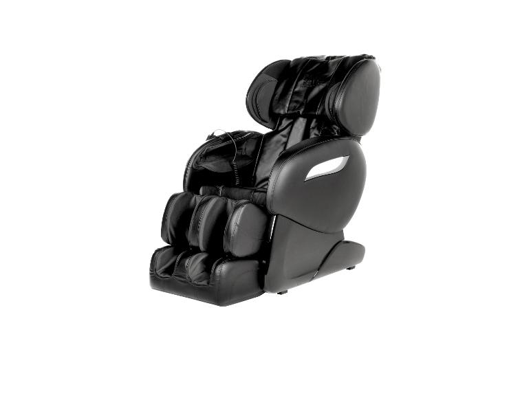 Zwarte massagestoel met lederen details en modern design.