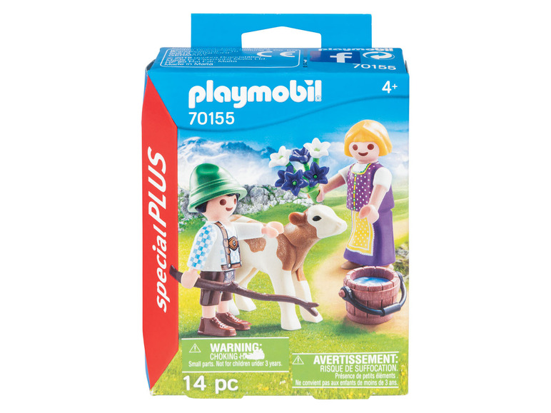 Playmobil speelgoedset met boerenfiguren, een kalfje en accessoires.