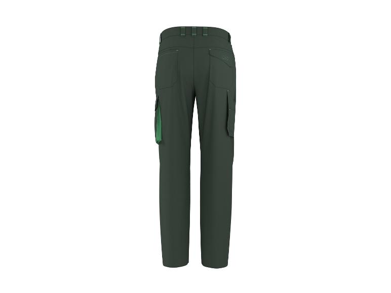 Donkergroene werkbroek met lichtgroene details, achteraanzicht.