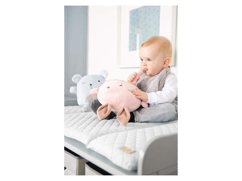 Baby zit op een commode met knuffels, een roze en een blauwe.