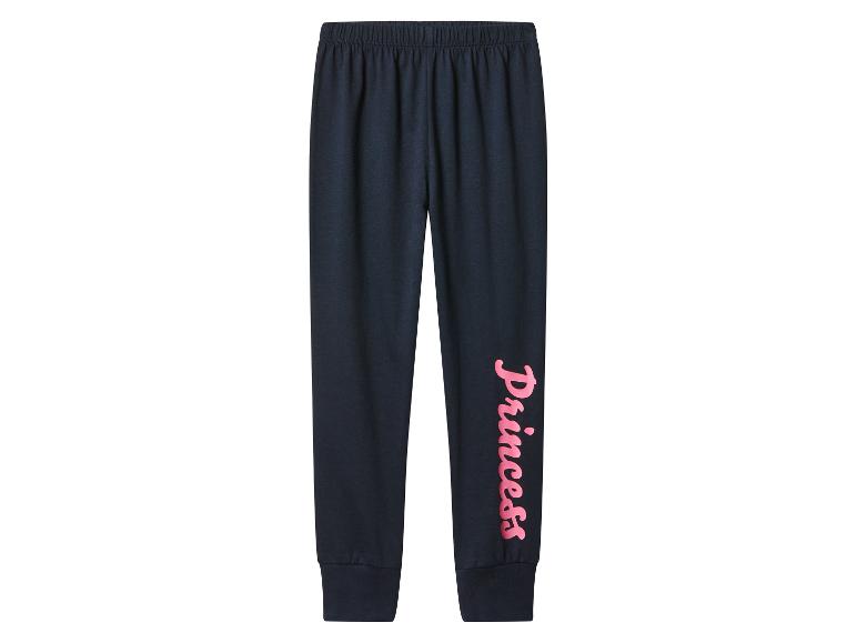 Donkerblauwe joggingbroek voor meisjes met een roze 'Princess'-opdruk op de pijp.