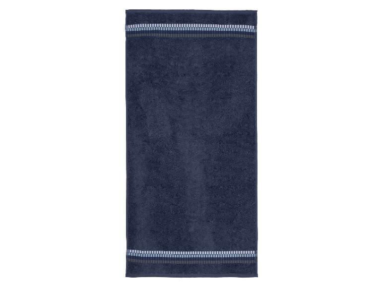 Donkerblauwe badhanddoek met decoratieve gestreepte randen