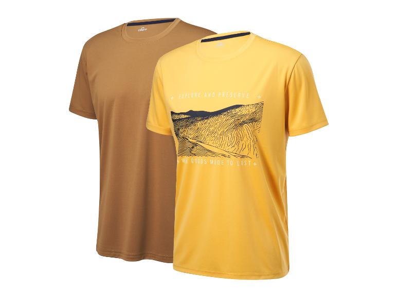 Twee Crivit T-shirts: één effen bruin, één geel met print 'Ontdek en bewaar'.