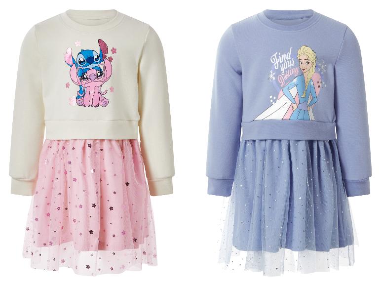 Twee kinderjurken met lange mouwen, één crème met Stitch en Angel, één blauw met Elsa.