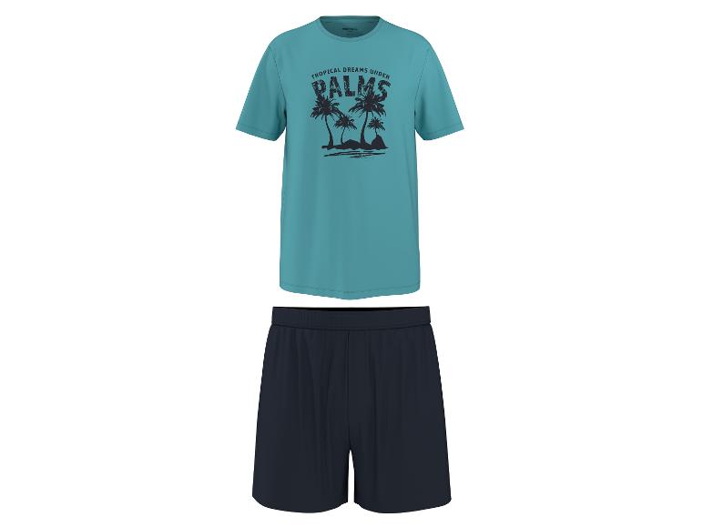 Petrolkleurig T-shirt met palmbomenprint en donkerblauwe shorts.