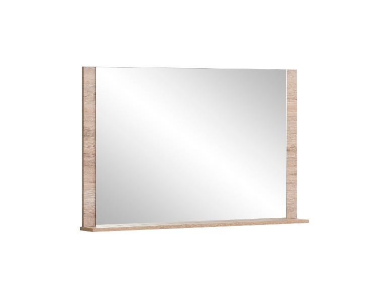 Vierkante spiegel met houten frame en een kleine plank eronder.