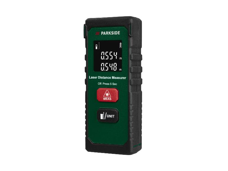 Een Parkside laserafstandsmeter met weergave van metingen en bedieningselementen.
