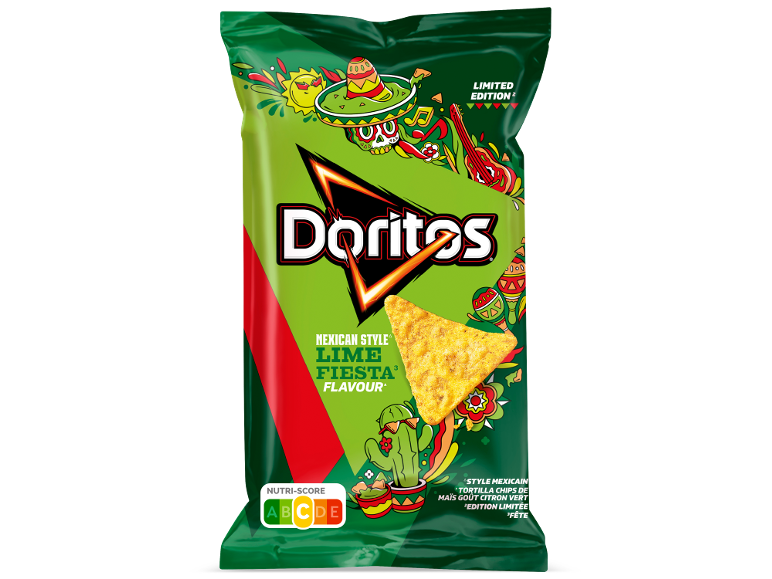Doritos Lime Fiesta tortillachips met limoensmaak in een groene zak.