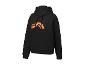 Zwarte hoodie met oranje logo.