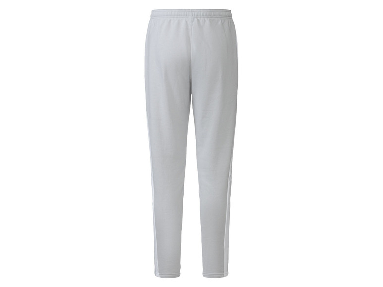 Grijze trainingsbroek met witte strepen.