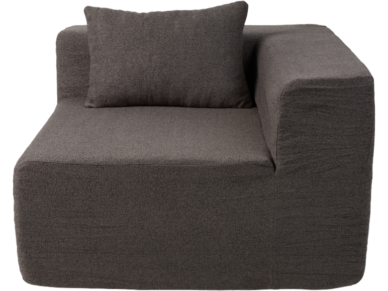 Donkergrijze modulaire bank met één armleuning en een rugkussen.