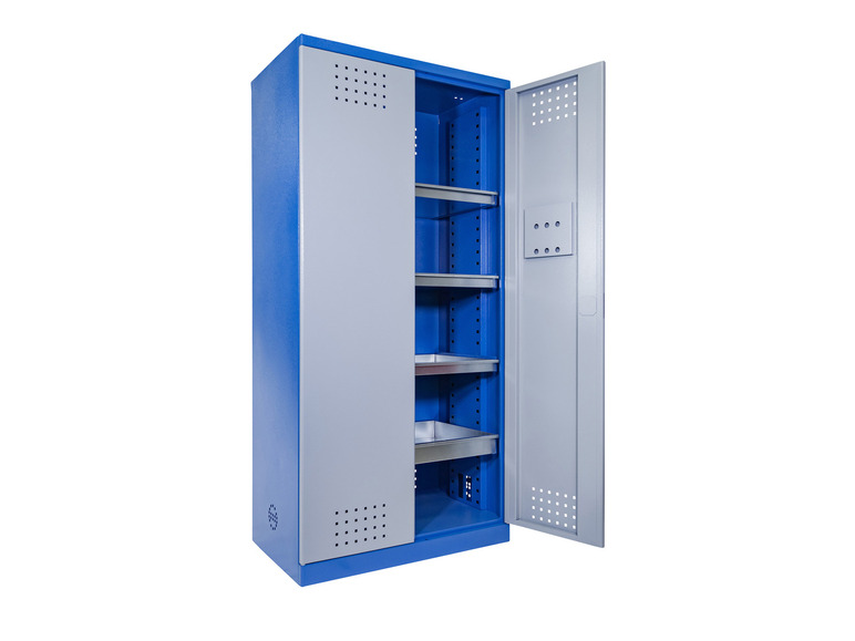 Een blauwe metalen kast met openstaande deuren en legplanken.