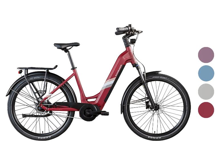 Rode elektrische fiets met bagagedrager en spatborden, met kleuropties aan de zijkant.
