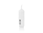 Een witte luchtreiniger met kabel, zijaanzicht.