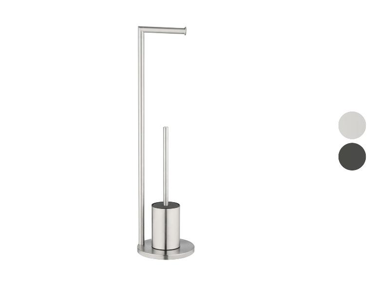 Vrijstaande toiletrolhouder en wc-borstel van roestvrij staal.