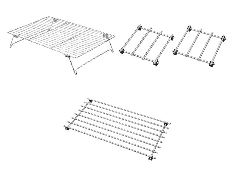 Drie verchroomde rekken voor bakken en grillen.
