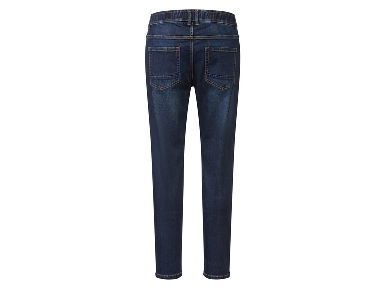 Donkerblauwe jeans met elastische tailleband.