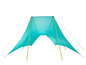 Een turquoise tent met gele stokken.