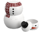 Sneeuwpopvormige pot met rode sjaal en knopen, ernaast een open pot met gezicht.