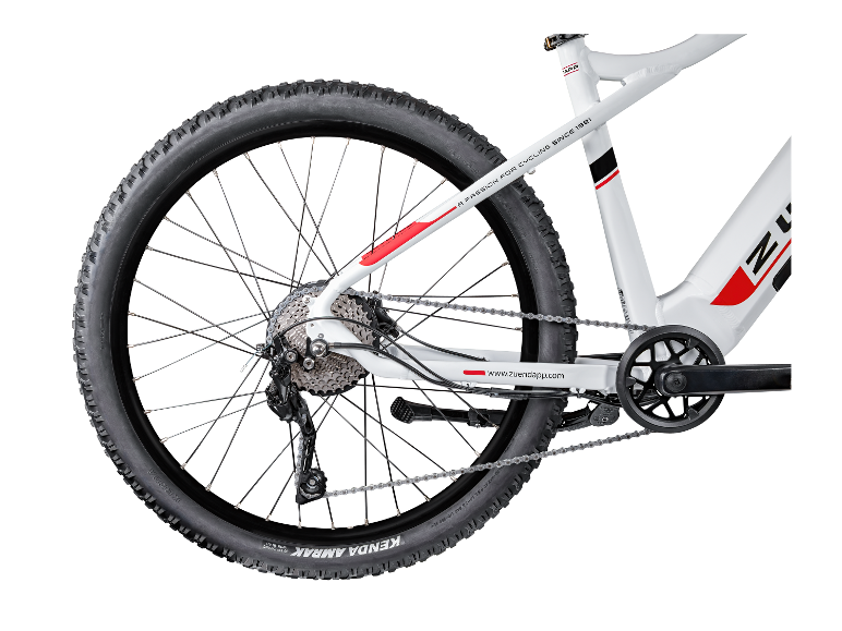 Detail van het achterwiel van een Zündapp elektrische fiets.