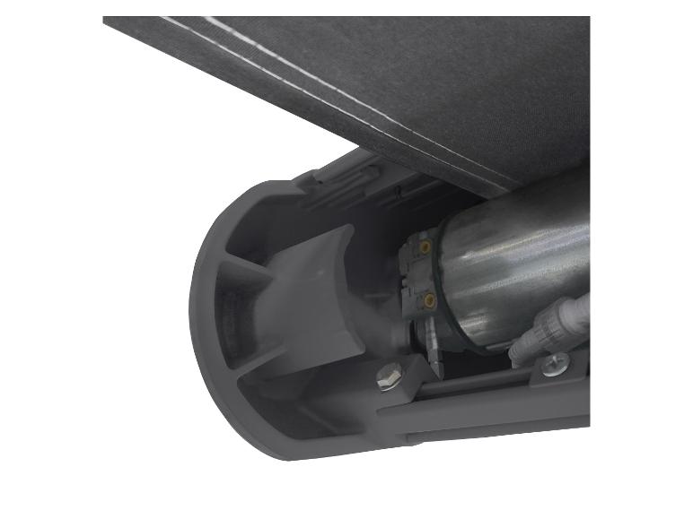 Close-up van een donkergrijs zonneschermmechanisme met motor en stof