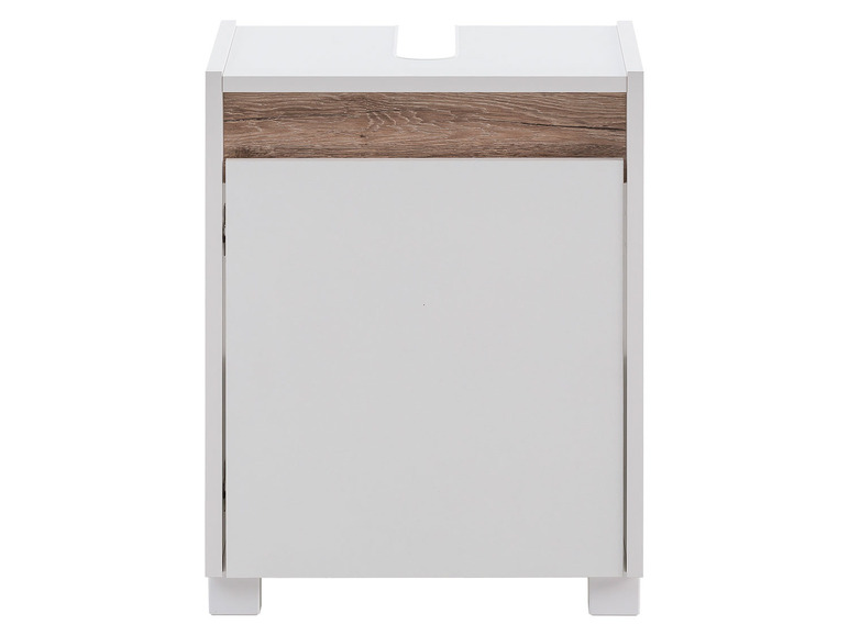 Witte badkamerkast met houten accenten.