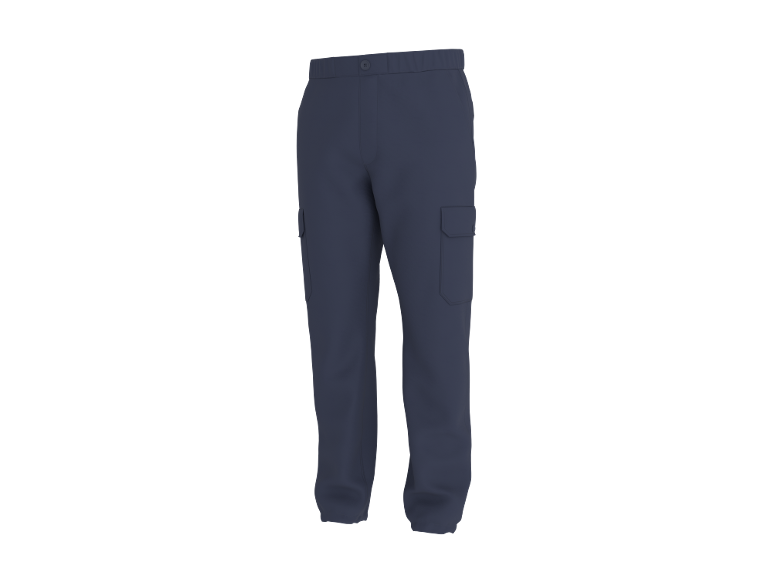 Donkerblauwe cargobroek met elastische tailleband en zijzakken.