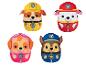 Vier Paw Patrol knuffels in verschillende uniformen.