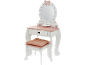 Wit en roze speelgoedkaptafel met spiegel, lade en gestoffeerde kruk.
