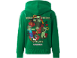Groene kinderhoodie met een kleurrijke print op de achterkant.