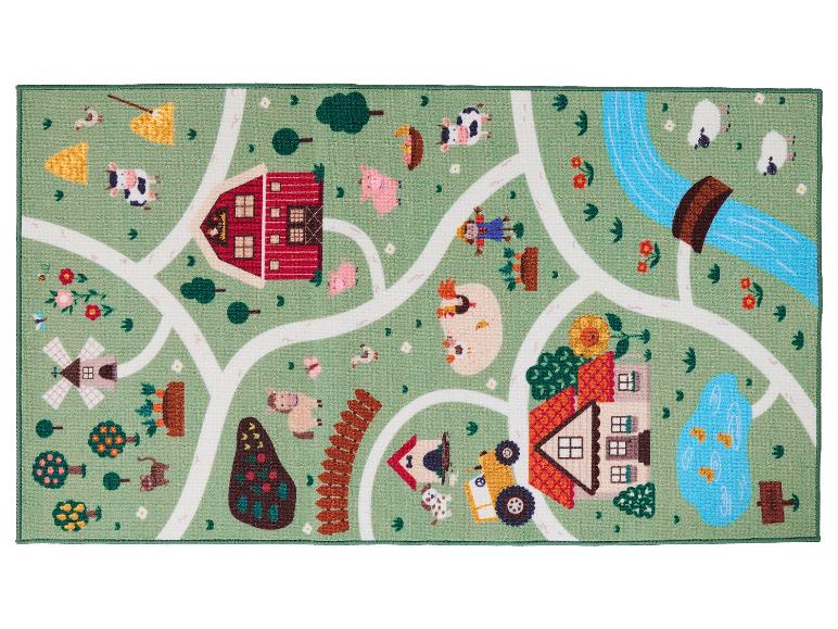 Speelkleed met boerderijthema, met wegen, schuur, dieren en huizen.