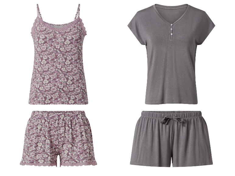 Twee dames pyjama sets: één met bloemenprint, één grijs.