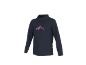 Donkerblauwe coltrui met roze bergprint.