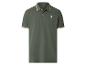 Olijfgroen poloshirt met gestreepte kraag en mouwboorden, met een witte palmboom borduursel.