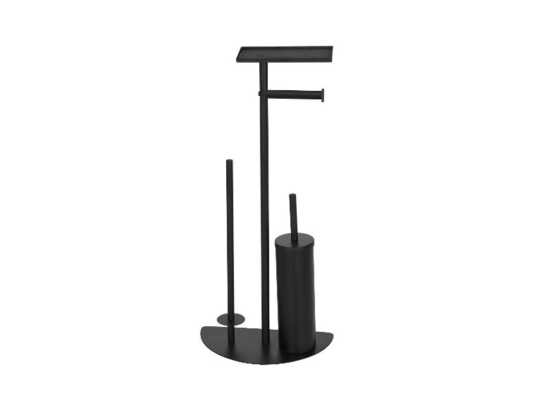 Zwarte metalen houder voor toiletpapier, borstel en extra rollen.