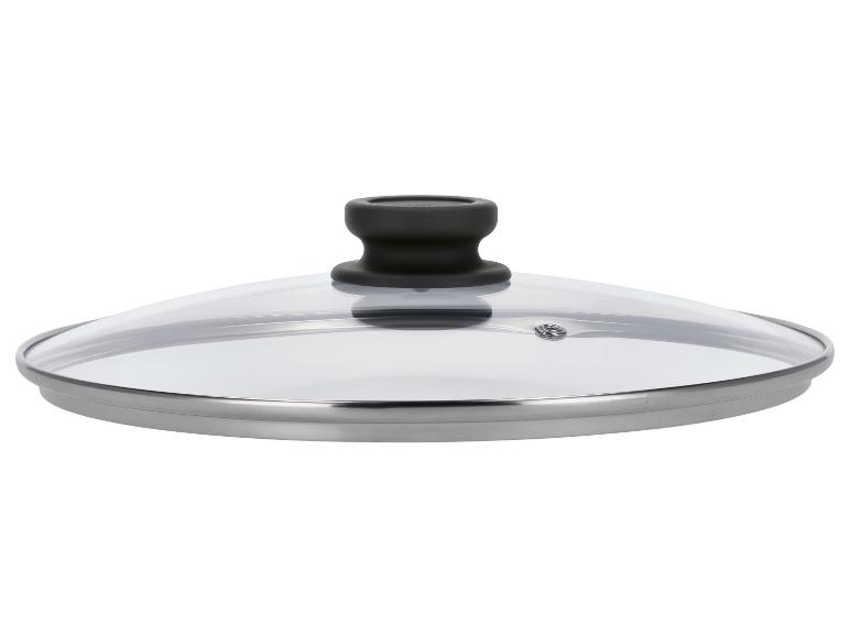 Glazen deksel met zwart handvat en metalen rand