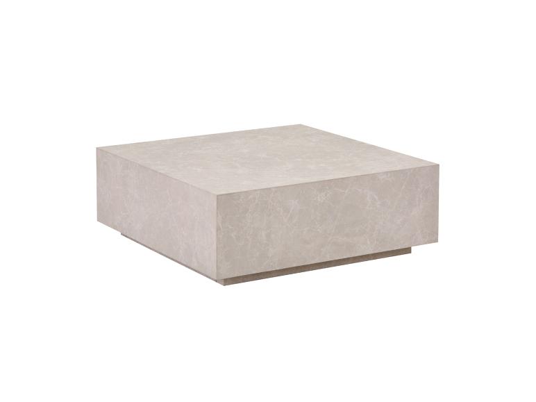 Vierkante salontafel van beige marmer met een discrete basis.